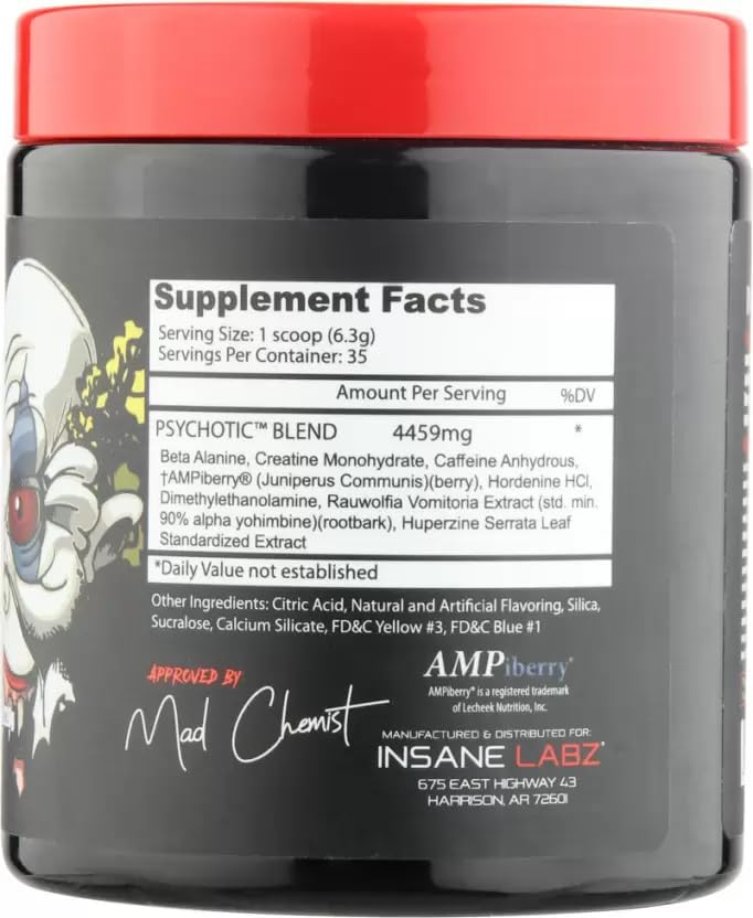 Insane Labz Psychotic, High Stimulant Pre Workout Powder, Extreme Lasting Energy, Focus and Endurance with Beta Alanine, Creatine Monohydrate DMAE, 35 Srvgs