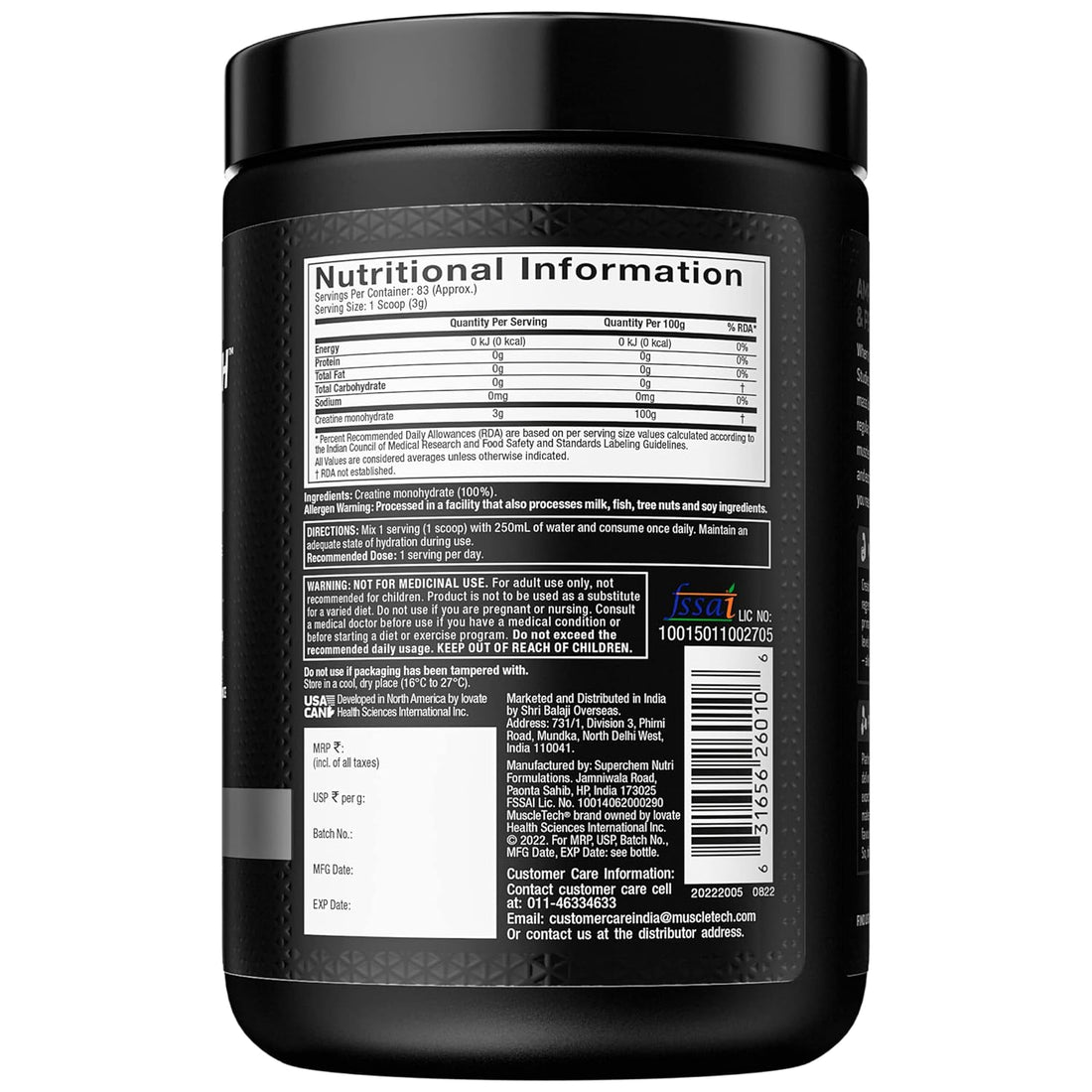 Muscletech Platinum 100% Creatine Powder (Unflavoured - 250 Gram, 83 Serves), Scientifically Researched to Build Muscle - Increase Muscle Power, Boost Strength & Enhance Performance