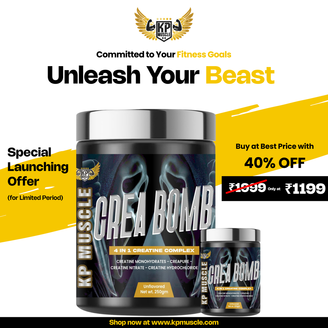 KP Muscle CREA BOMB – 4-in-1 Advanced Creatine Complex | 83 Servings | Unflavored | Elite Athlete Formula